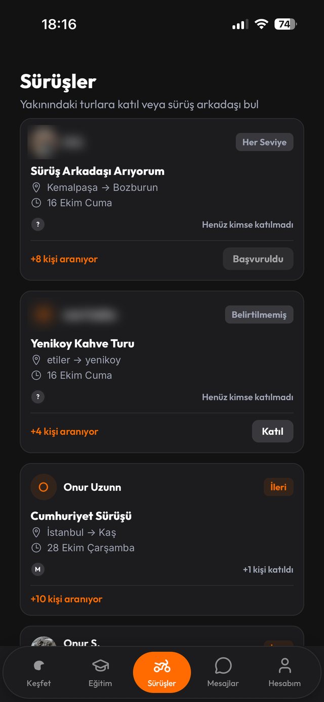 Sürüşler ekranı